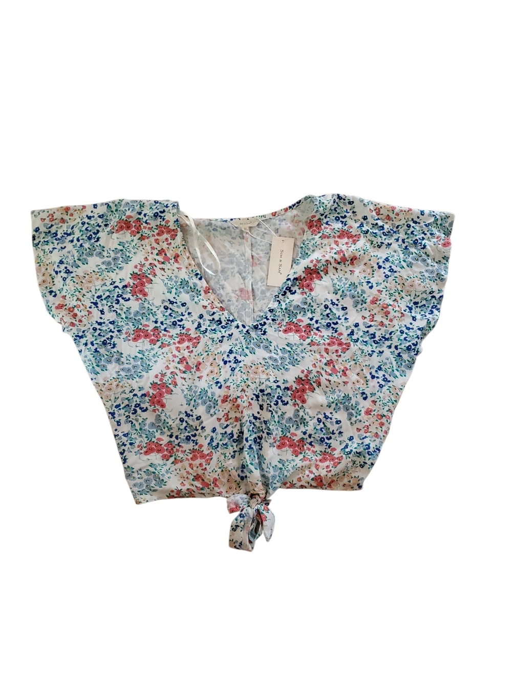 Sim & Sam Floral Tie V-neck Blouse - White with Blue & Pink Flowers Size Large